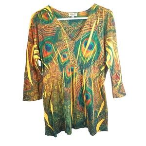 One World Womens Sz M Green Yellow Peacock Tunic Babydoll Flowy Hippie Top